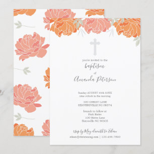Soft Pastel Peonies Cross Girl Baptism Invitation
