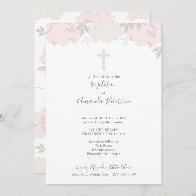 Soft Pastel Peonies Cross Girl Baptism Invitation (Front/Back)