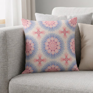 Soft Pastel Pink Blue Floral Kaleidoscope Pattern Cushion