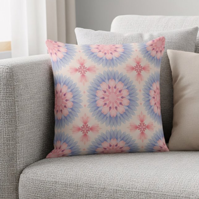 Soft Pastel Pink Blue Floral Kaleidoscope Pattern Cushion (Creator Uploaded)