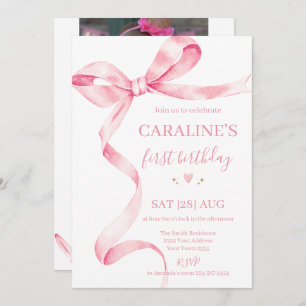 Soft Pastel Pink Bow 1st Birthday  Invitation