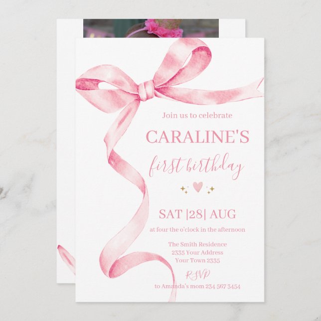 Soft Pastel Pink Bow 1st Birthday  Invitation (Front/Back)