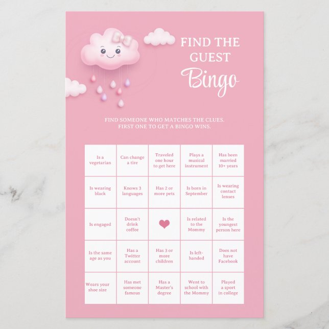 Soft pastel pink cloud Find The Guest Bingo game (Front)