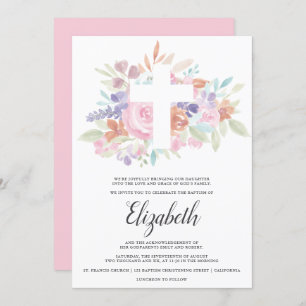 Soft pastel pink floral christian cross baptism invitation
