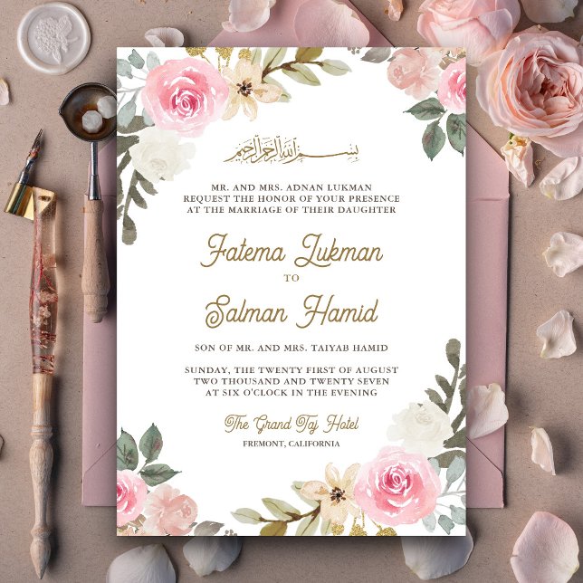 Soft Pastel Pink Floral Islamic Muslim Wedding Invitation (Creator Uploaded)