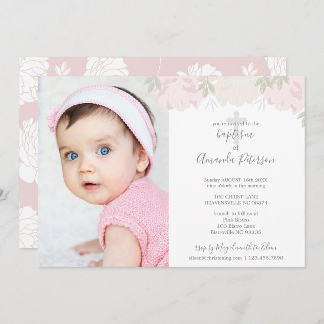 Soft Pastel Pink Peonies Cross Girl Baptism Invitation (Front/Back)