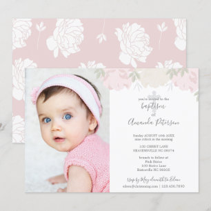 Soft Pastel Pink Peonies Cross Girl Baptism Invitation