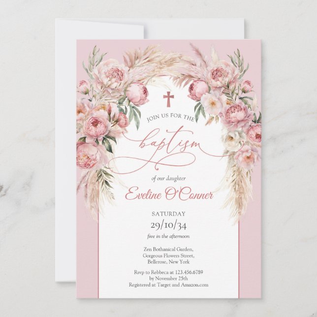 Soft pastel pink peonies pampas arch Baptism Invitation (Front)