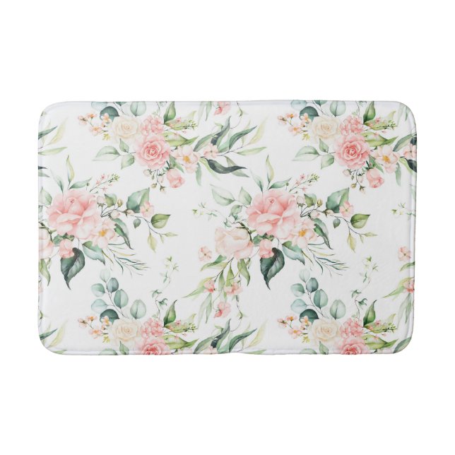Soft Pastel Pink Rose Flower Pattern Bath Mat (Front)