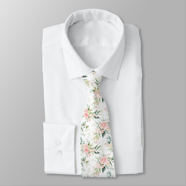 Soft Pastel Pink Rose Flower Pattern Tie (Tied)