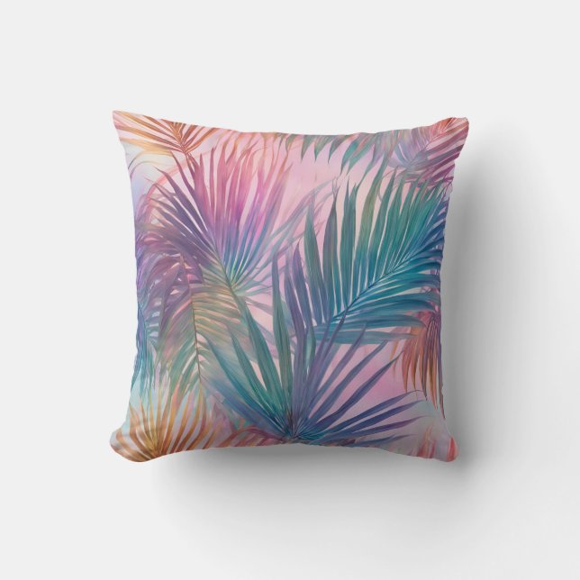 Soft Pastel Pink Tropical Leaves Pattern Cushion (Front)