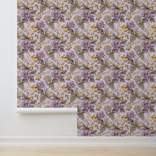 Soft pastel purple and faux gold flowers wallpaper (Application)