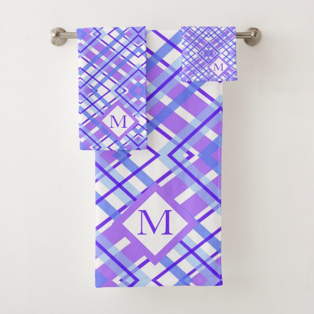 Soft Pastel Purple Blue Plaid Personalise Monogram Bath Towel Set (Insitu)