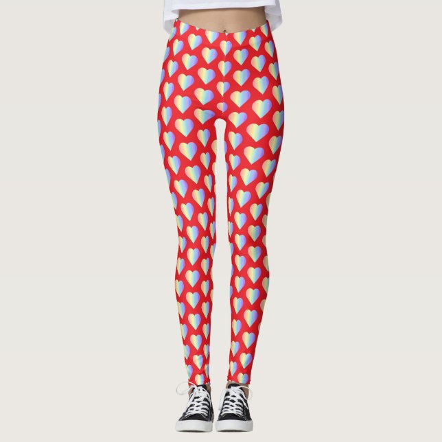 Soft Pastel Rainbow Hearts in Fire Red Leggings (Front)