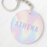 Soft pastel rainbow name trendy modern minimal key ring<br><div class="desc">Trendy keychain featuring a soft pastel rainbow pattern background and your name in light purple.</div>