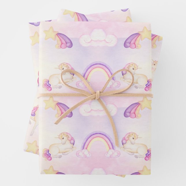 Soft Pastel Rainbows And Unicorns Wrapping Paper Sheet (In situ)