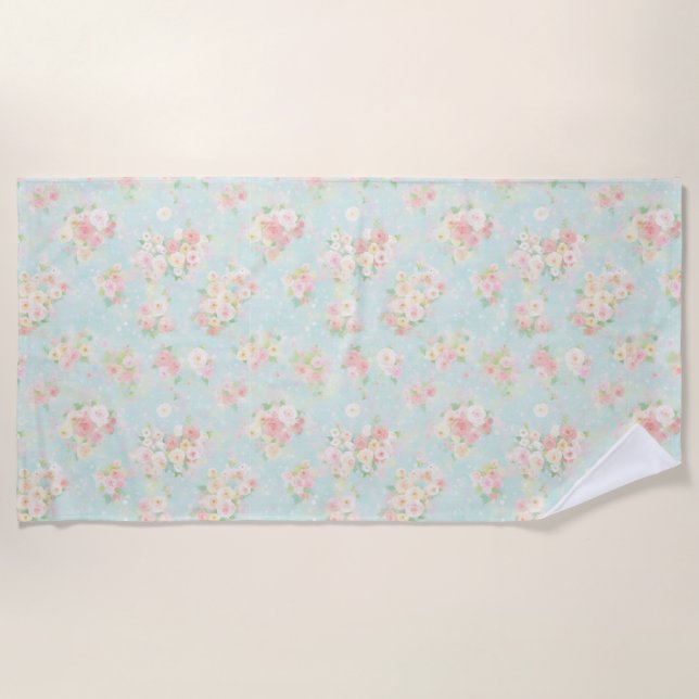 Soft Pastel Rose Pattern on Aqua Background Beach Towel (Front)