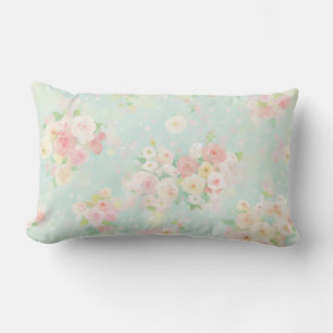 Soft Pastel Rose Pattern on Aqua Background Lumbar Cushion