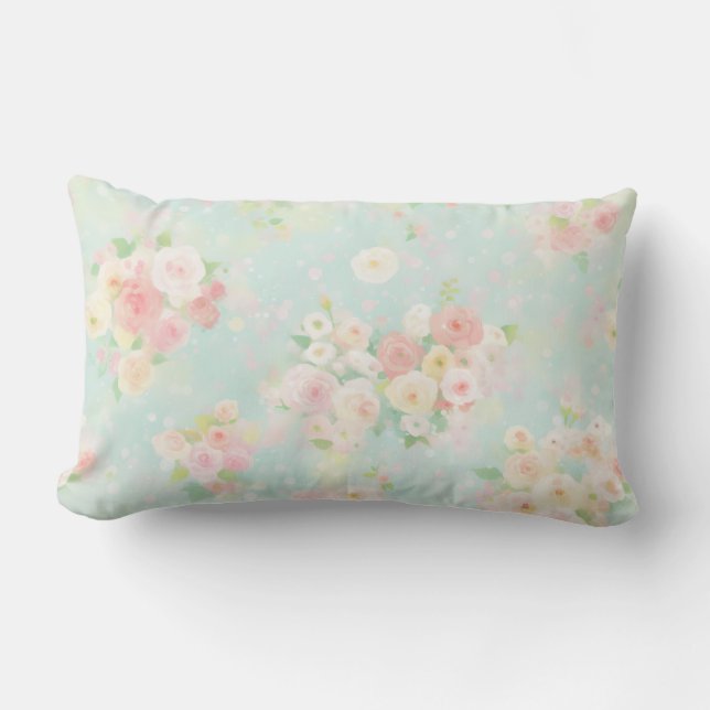 Soft Pastel Rose Pattern on Aqua Background Lumbar Cushion (Front)