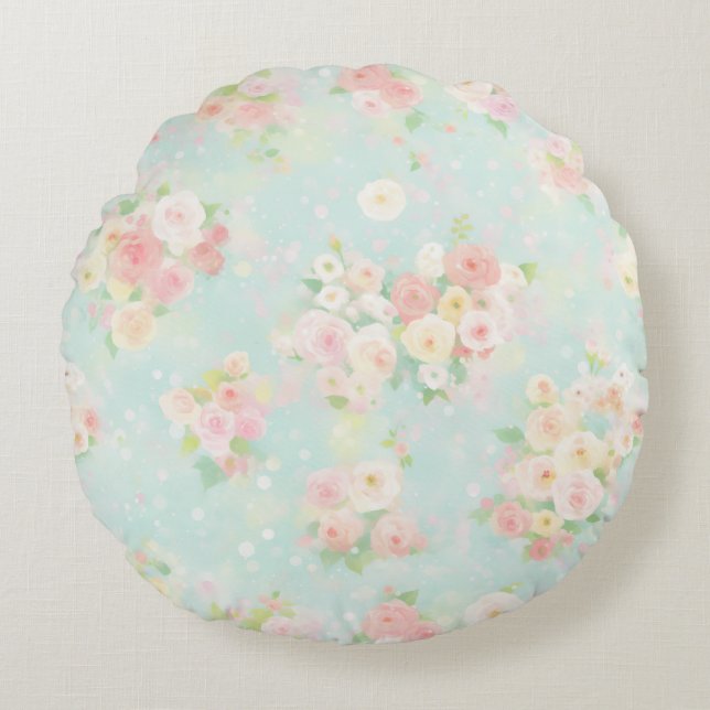 Soft Pastel Rose Pattern on Aqua Background Round Cushion (Front)