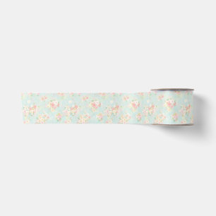 Soft Pastel Rose Pattern on Aqua Background Satin Ribbon