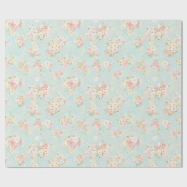 Soft Pastel Rose Pattern on Aqua Background Wrapping Paper (Flat)