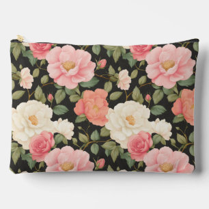 Soft Pastel Roses Deep Green Leaves Accessory Pouch