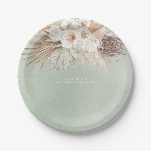Soft Pastel Sage Green Pampas Grass and Flowers Paper Plate (Front)