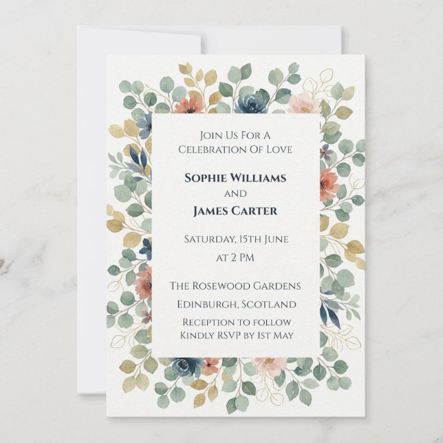 Soft Pastel Sage Peach Watercolour Botanical Weddi Invitation (Front)