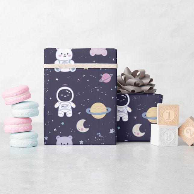Soft Pastel Space Animals Pattern Astronaut Rabbit Wrapping Paper (Baby Shower)