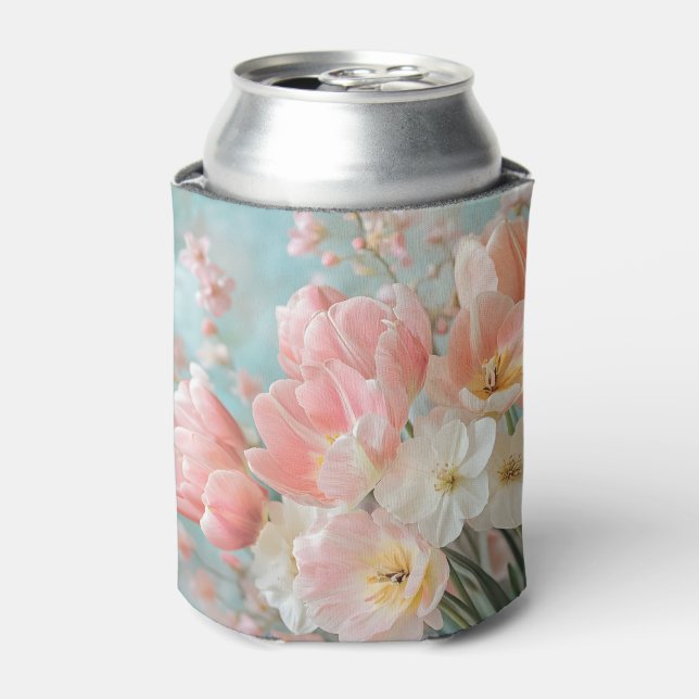 Soft Pastel Spring Flowers Design Delicate Florals Can Cooler (Can Front)