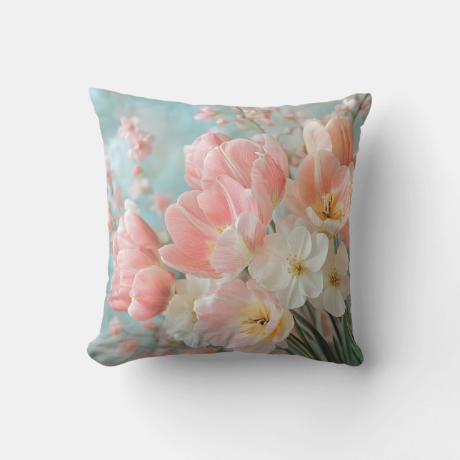 Soft Pastel Spring Flowers Design Delicate Florals Cushion (Front)