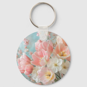 Soft Pastel Spring Flowers Design Delicate Florals Key Ring