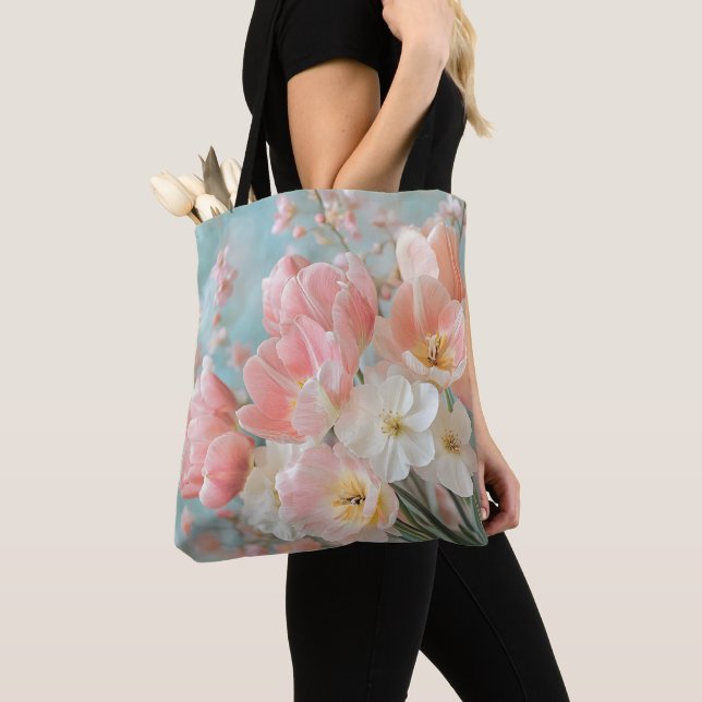 Soft Pastel Spring Flowers Design Delicate Florals Tote Bag (Close Up)