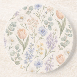 Soft Pastel Spring Meadow Watercolor Tulips Lilacs Coaster