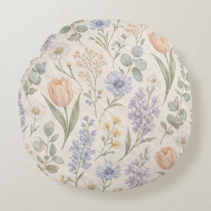 Soft Pastel Spring Meadow Watercolor Tulips Lilacs Round Cushion