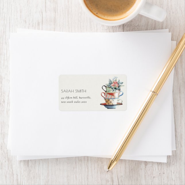Soft Pastel Stacked Cups Floral Tea Party Address Label (Insitu)
