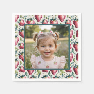 Soft Pastel Strawberry Green Frame Birthday Photo  Napkin