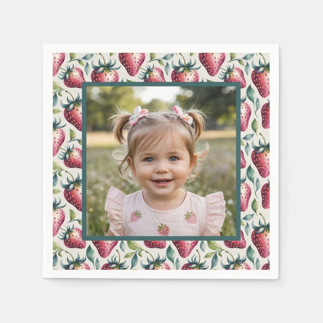 Soft Pastel Strawberry Green Frame Birthday Photo  Napkin (Front)