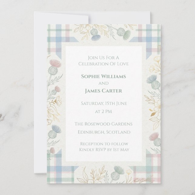 Soft Pastel Tartan Thistle Scottish Wedding Invita Invitation (Front)