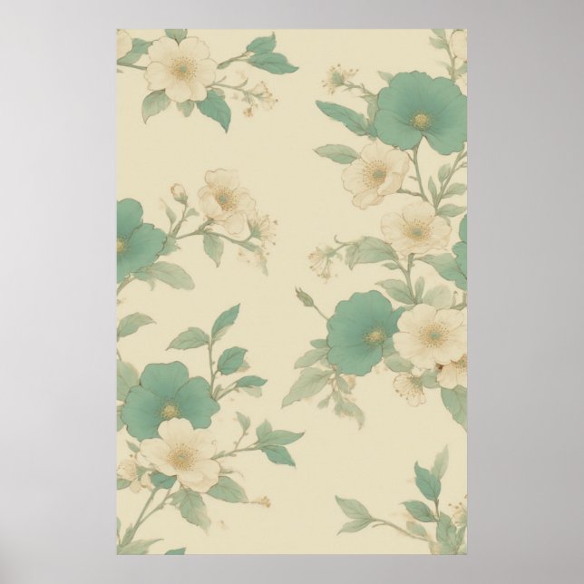 Soft Pastel Teal and Cream Floral Pattern Poster (Front)