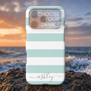 Soft Pastel Teal White Striped Pattern Grey Script