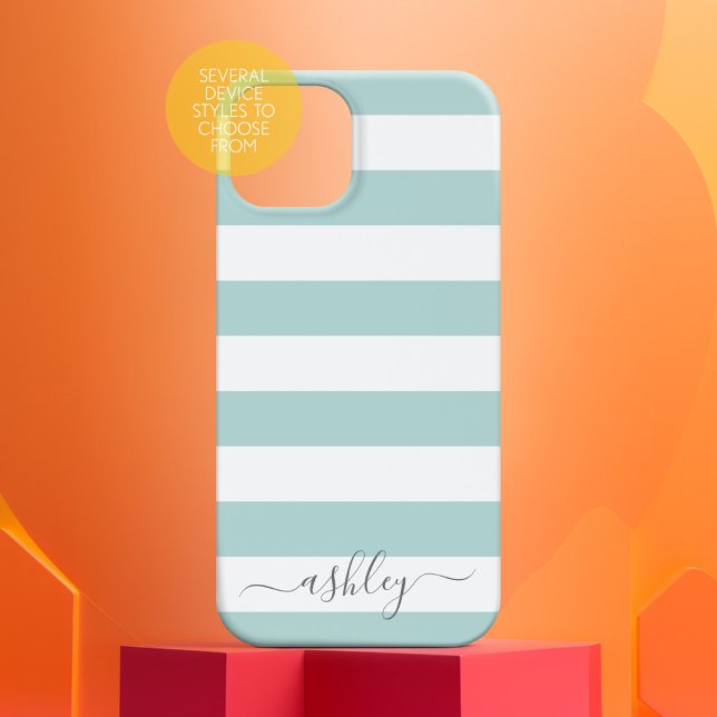 Soft Pastel Teal White Striped Pattern Grey Script (Personalized Phone Case with Custom Text)