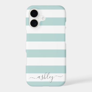 Soft Pastel Teal White Striped Pattern Grey Script