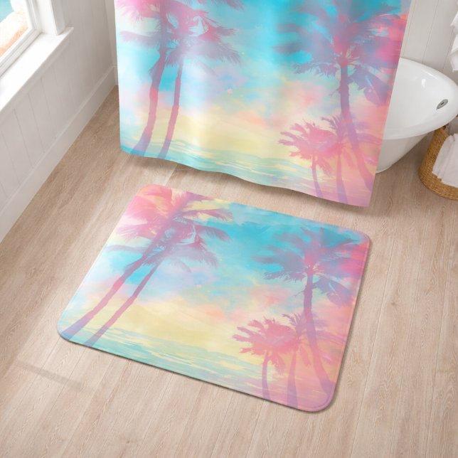 Soft Pastel Tropical Palm Trees Teal Pink Coastal Bath Mat (Dreamy pastel bath mat 1)