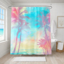 Soft Pastel Tropical Palm Trees Teal Pink Coastal