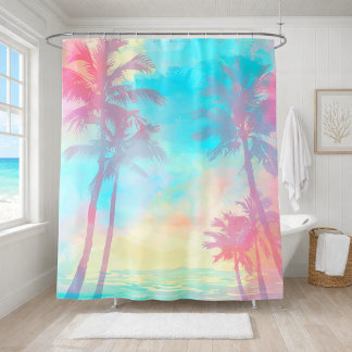 Soft Pastel Tropical Palm Trees Teal Pink Coastal Shower Curtain