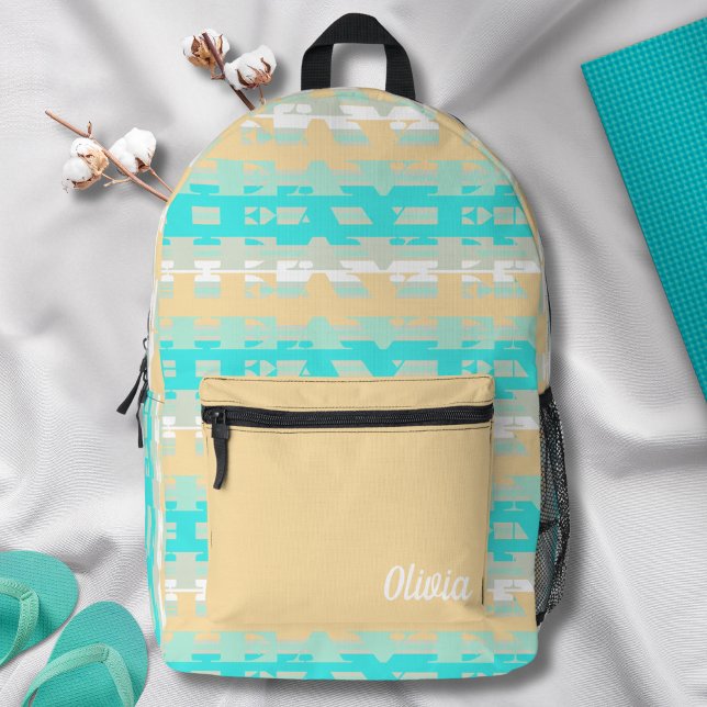 Soft Pastel Turquoise Beige Stripe Pattern Printed Backpack (Creator Uploaded)