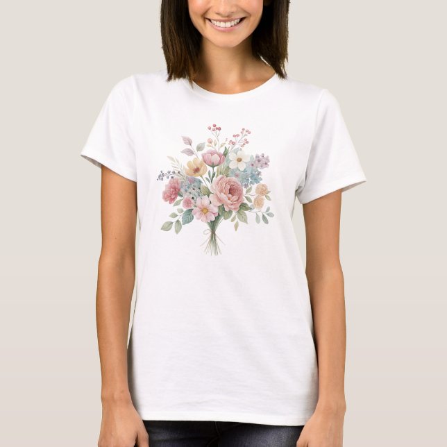 Soft Pastel Watercolor Floral Bouquet T-Shirt (Front)