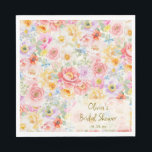 Soft Pastel Watercolor Floral Bridal Shower Napkin<br><div class="desc">This bridal shower napkin features an abundant, edge-to-edge watercolor floral design in soft pastel pink, peach, lavender, yellow, and blush blooms — lush, colorful, and full of garden charm. A frosted cream center panel displays the bride's name, event title, and date in an elegant handwritten script. It's a beautiful table...</div>
